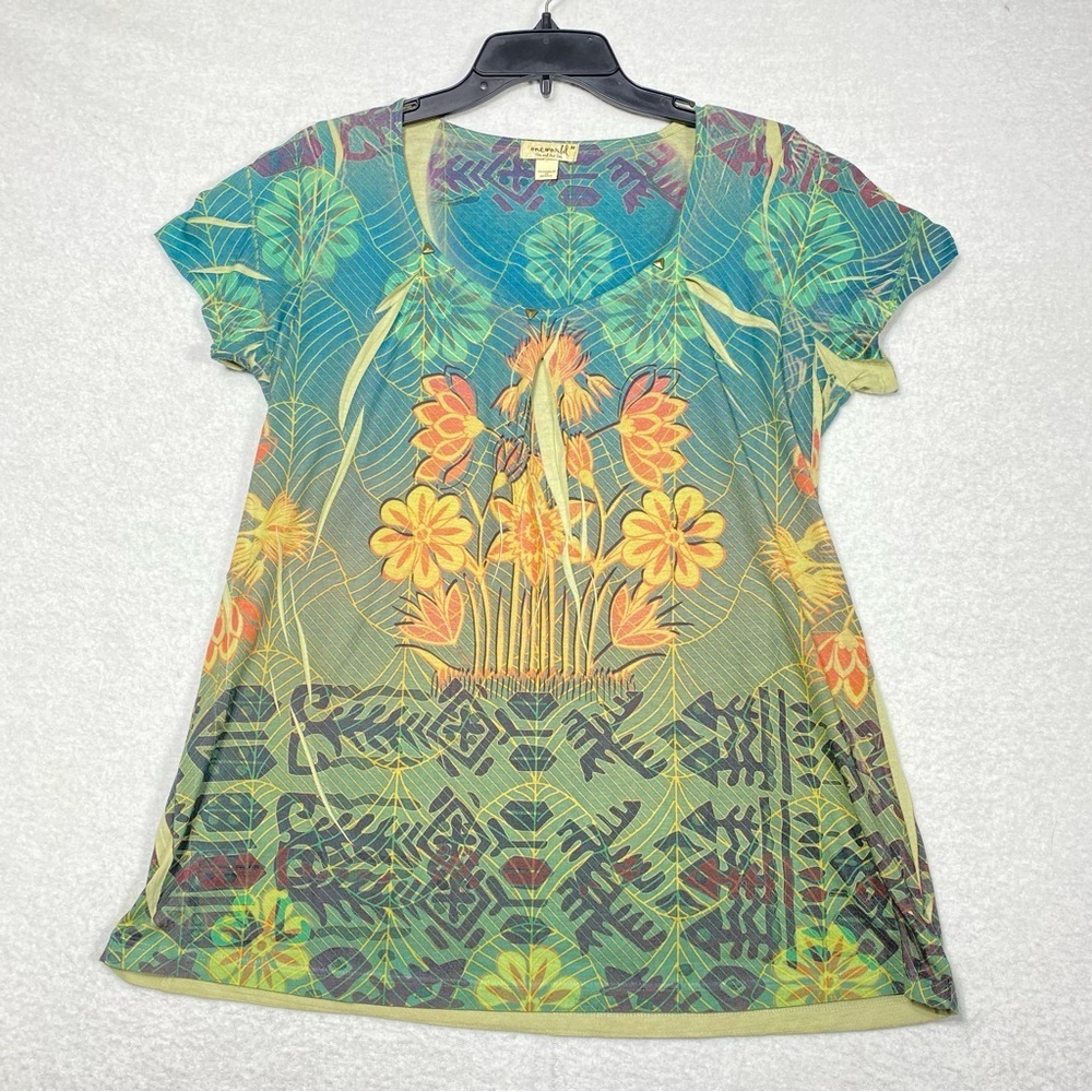One World Floral Tunic Boho Blouse Women's M Multicolor Studded Neck Casual Top